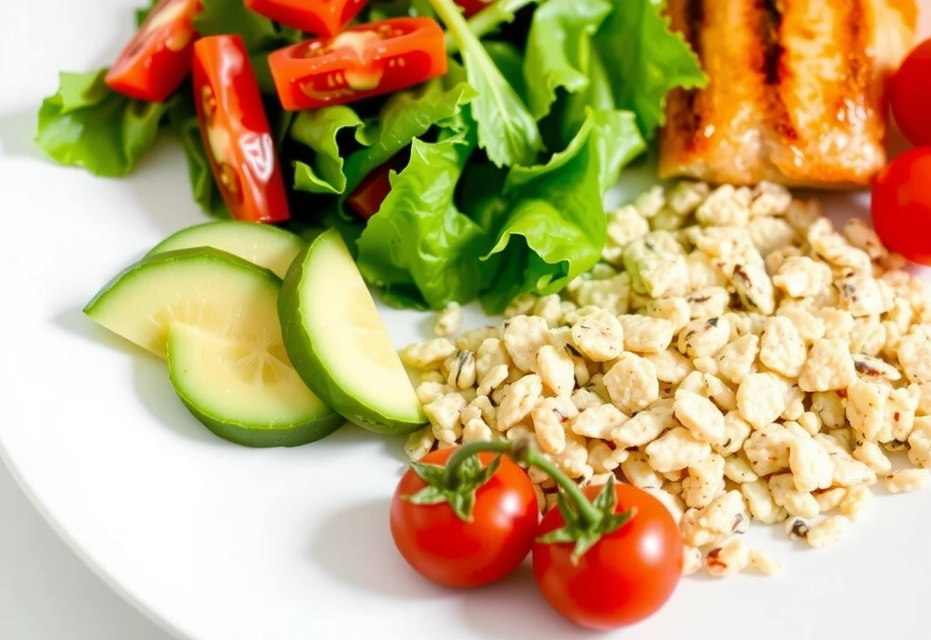 Assiette équilibrée avec légumes, protéines et céréales